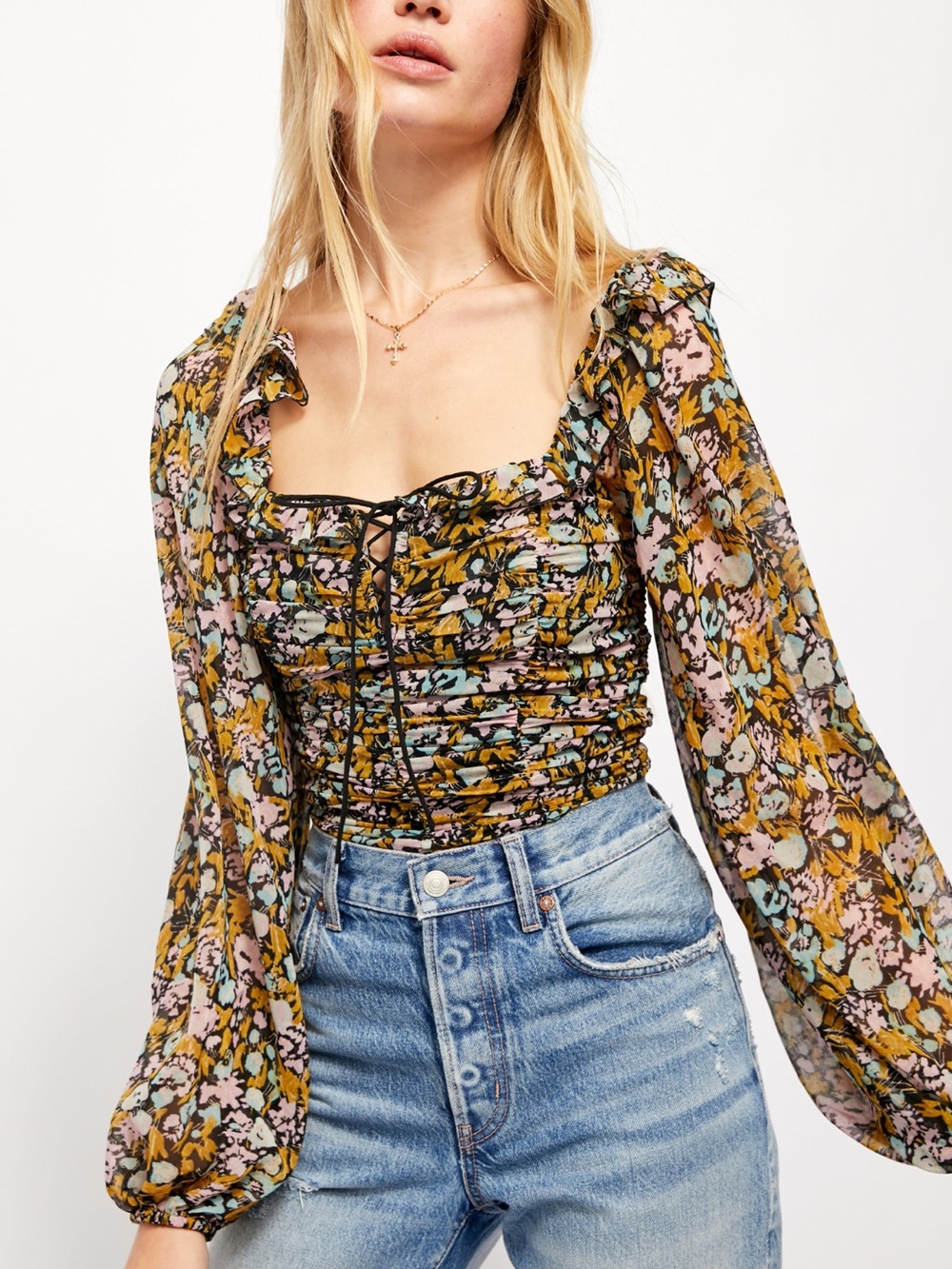 Free People Black Floral Mabel Printed Blouse Size Small